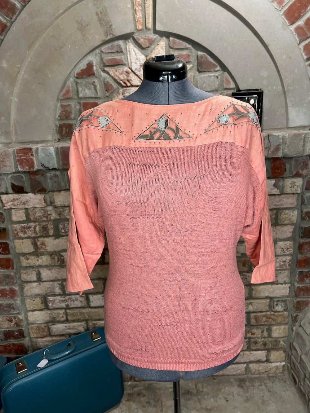 Sweater knit tunic peach cutwork flowers beaded